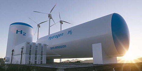 Hydrogen renewable energy production - hydrogen gas for clean electricity solar and windturbine facility. 3d rendering. (Hydrogen renewable energy production - hydrogen gas for clean electricity solar and windturbine facility. 3d rendering., ASCII, 12