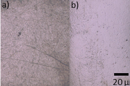 Abb. 1: Vergleich einer mechanisch polierten Probe (a) vor und (b) nach der Elektropolitur in einem Cholinchlorid-Ethylenglykol-Elektrolyten bei 35 Grad